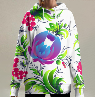 Калина с цветами в народном стиле стилизация старинного вида живописи, Hoodie Long Oversize 3D