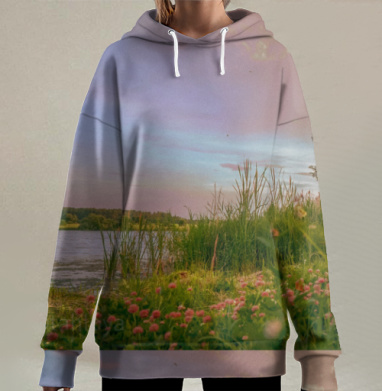 Романтичный летний пейзаж с зеленью и цветами на природе, Hoodie Long Oversize 3D
