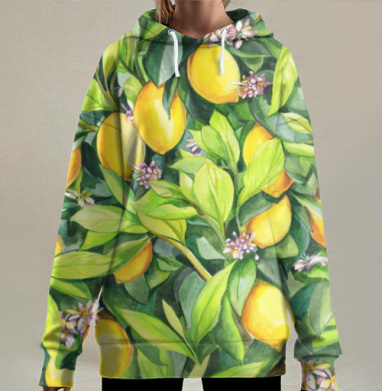 Лимоны на ветках с зелеными листьями живое изобилие природы, Hoodie Long Oversize 3D