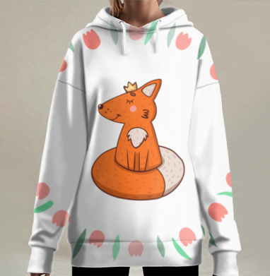 Рыжая лиса в короне в круге из тюльпанов, Hoodie Long Oversize 3D