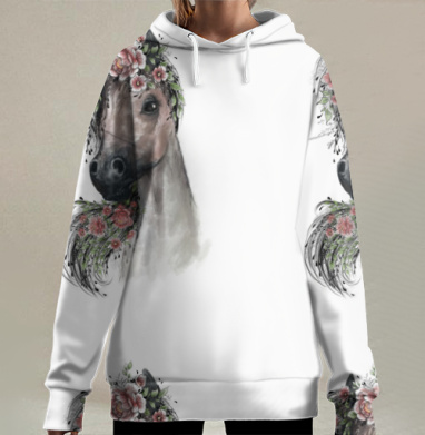Лошадь с цветами в гриве природа нежность спокойствие, Hoodie Long Oversize 3D