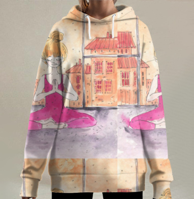 Девушка йога медитация городской фон спокойствие снаружи, Hoodie Long Oversize 3D