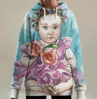 Младенец в нежно-розовом платье с венком из цветов, Hoodie Long Oversize 3D