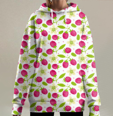 Яркий Малина с Цветами – Летний Натуральный Узор, Hoodie Long Oversize 3D