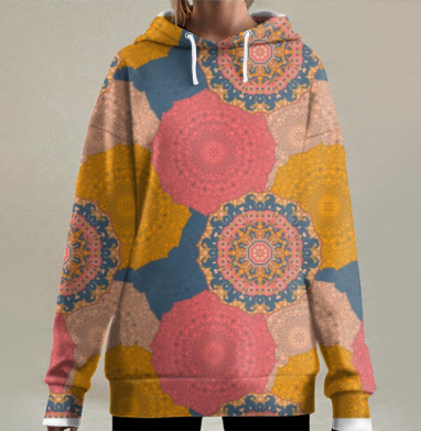 Мандала цвет винтаж, Hoodie Long Oversize 3D