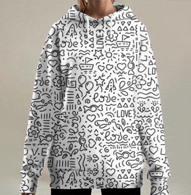 Чёрно белые дудлы любовь символы счастья, Hoodie Long Oversize 3D