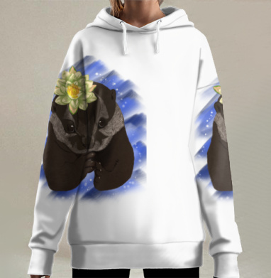 Медвежонок с цветком в мечтательном настроении умиление спокойствие, Hoodie Long Oversize 3D