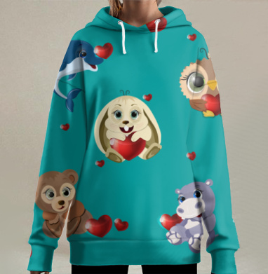 Милые животные с сердцами на бирюзовом фоне, Hoodie Long Oversize 3D