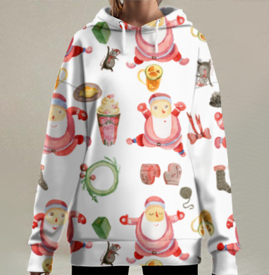 Новогодние деды морозы танцуют мышки бегают, Hoodie Long Oversize 3D