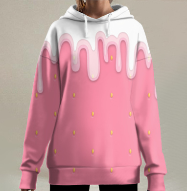 Сладкая клубника с молоком на розовом фоне клубничное молоко, Hoodie Long Oversize 3D