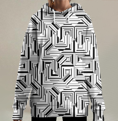 Геометрический черно-белый калейдоскоп, Hoodie Long Oversize 3D