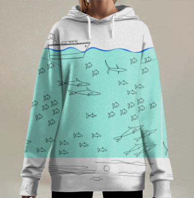 Marine voyage on the turquoise waves / Корабль на волнах среди рыб, Hoodie Long Oversize 3D