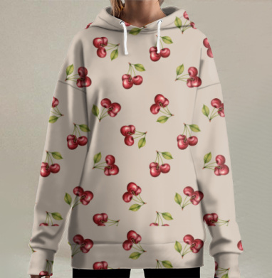 Сочные красные вишни с зелеными листьями на светлом фоне, Hoodie Long Oversize 3D