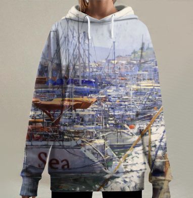 Морской вид с яхтами и причалом в тумане, Hoodie Long Oversize 3D
