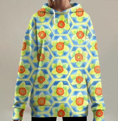 Акварельный цветочный узор с жизнерадостной гаммой, Hoodie Long Oversize 3D