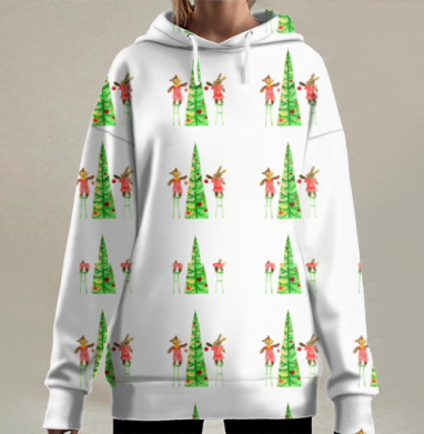 Мишка и зайчик украшают новогоднюю ёлку вместе, Hoodie Long Oversize 3D
