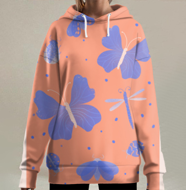 Насекомые на оранжевом фоне яркие бабочки стрекоза, Hoodie Long Oversize 3D