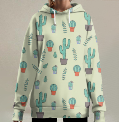 Узор с кактусами в горшках и листьями, Hoodie Long Oversize 3D