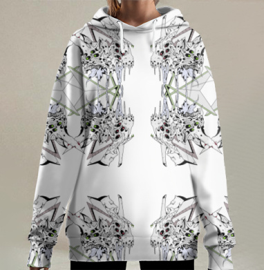 Мистическое симметричное столкновение черепов с зелеными глазами, Hoodie Long Oversize 3D