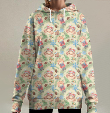 Милый лев в шапке с цветами и зимними снежинками зимних аксессуаров, Hoodie Long Oversize 3D