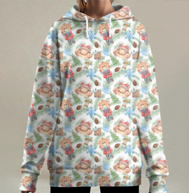 Зимний милый медвежонок природа лес игрушка, Hoodie Long Oversize 3D