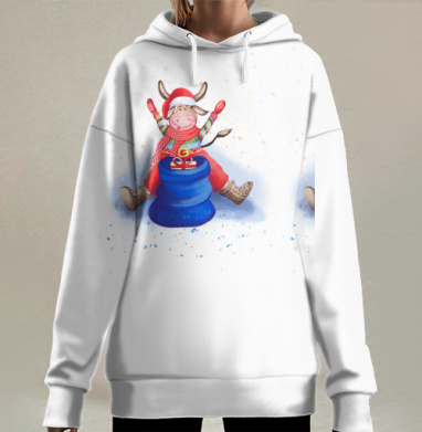 Веселый Бычок Санта-Клаус с мешком подарков, Hoodie Long Oversize 3D