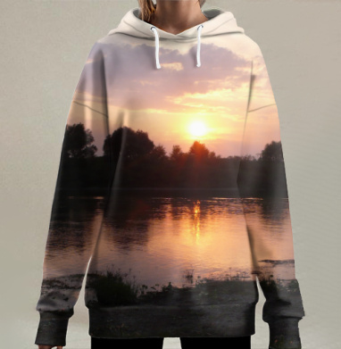 Закат над рекой в теплых тонах умиротворения, Hoodie Long Oversize 3D