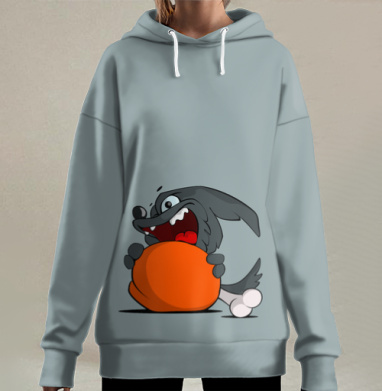 Веселый пёс с огромным куском жареного мяса, Hoodie Long Oversize 3D