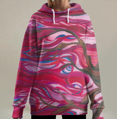 Дерево жизни и потоки энергии в красно-пурпурных тонах, Hoodie Long Oversize 3D