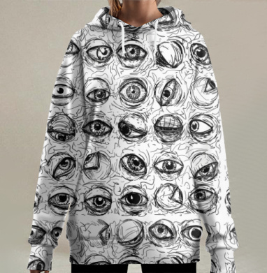Чёрно белые глаза наблюдение контроль глаз, Hoodie Long Oversize 3D