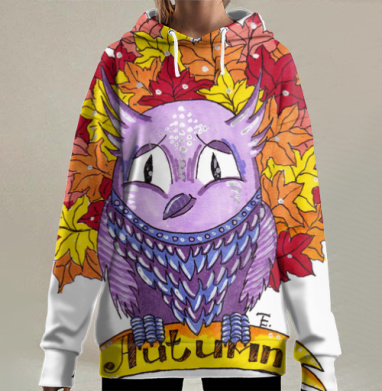 Фиолетовая сова на осеннем венке с надписью Autumn, Hoodie Long Oversize 3D