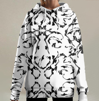 Черно белый симметричный каллиграфический орнамент абстракция орнамент, Hoodie Long Oversize 3D
