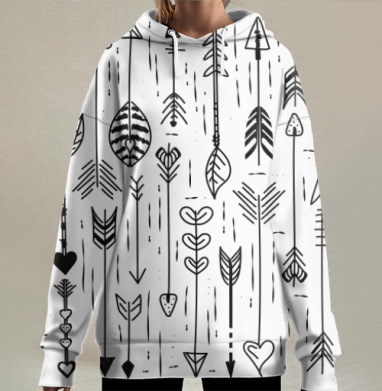 Черные стрелы на сером фоне в стилистике дудл для одежды и аксессуаров, Hoodie Long Oversize 3D