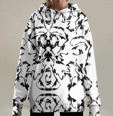 Черно белые каллиграфические линии переплетения узор, Hoodie Long Oversize 3D