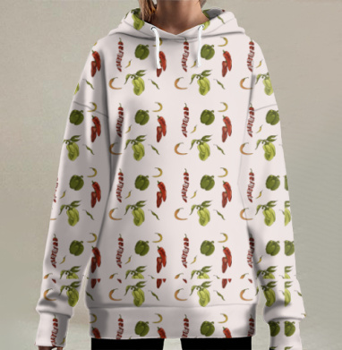 Разнообразные красные и зеленые перцы на бежевом фоне, Hoodie Long Oversize 3D