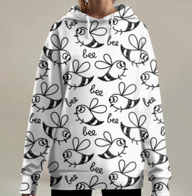 Мультяшные пчелы на белом фоне с надписью bee bee bee, Hoodie Long Oversize 3D