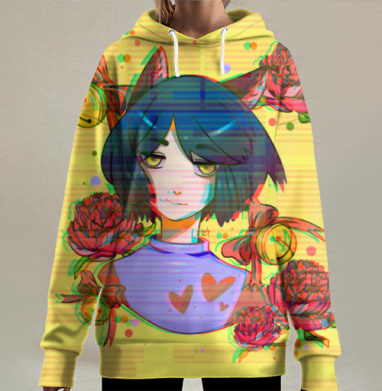 Пионы, кошка и бубенцы, Hoodie Long Oversize 3D