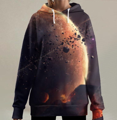 Красноватая планета в кольцевом поясе астероидов в космосе, Hoodie Long Oversize 3D