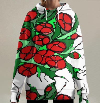 Красные маки на зелёном фоне нейрографика стиль, Hoodie Long Oversize 3D