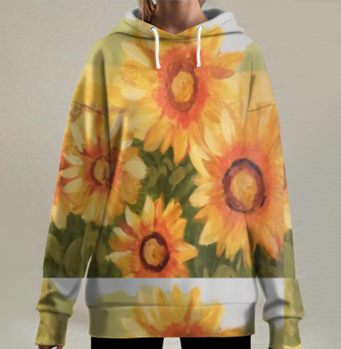 Яркие желто оранжевые подсолнухи летом в поле, Hoodie Long Oversize 3D
