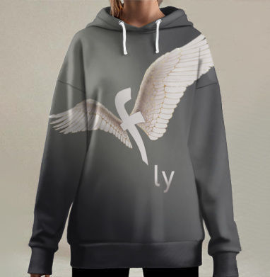 Стилизованная буква с крыльями символ свободы и полёта fly, Hoodie Long Oversize 3D