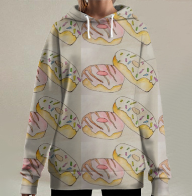 Пончики акварельные в пастельных тонах, Hoodie Long Oversize 3D