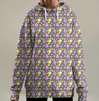 Яркие парфюмерные флаконы в цветочном узоре на сером фоне, Hoodie Long Oversize 3D