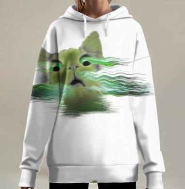 Удивленный зеленый кот с искаженными волнами отражение, Hoodie Long Oversize 3D