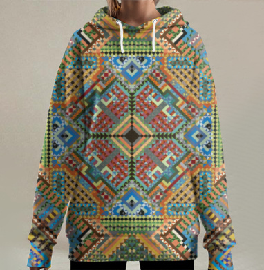 Геометрическая мозаика зелёного голубого коричневого жёлтого, Hoodie Long Oversize 3D