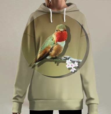 Птичка на ветре с цветком, Hoodie Long Oversize 3D