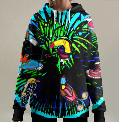 Яркие тропические птицы на зелёном фоне птичий базар, Hoodie Long Oversize 3D