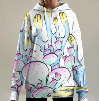 Нежные радужные кактусы пастельных тонов на белом фоне, Hoodie Long Oversize 3D