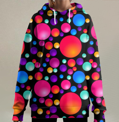 Разноцветные шарики на черном фоне, Hoodie Long Oversize 3D