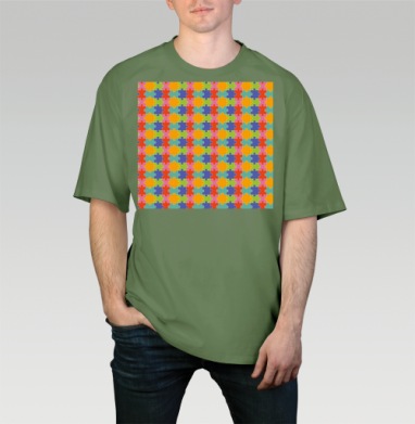 Бесконечная яркая мозаика из элементов Puzzle Pattern Узор пазлов, Футболка мужская оверсайз оливковая